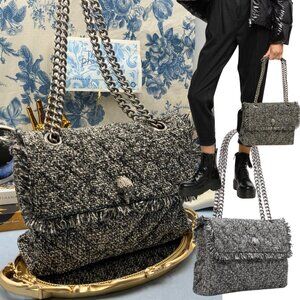 🆕 KURT GEIGER LONDON 🧿 NWOT Large Tweed Kensington Bag, Metallic Black & White